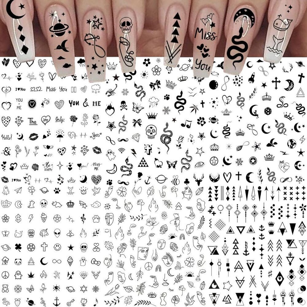 6 Sheets Self-Adhesive Snake Heart Moon Star Nail Art Sticker Decals, Abstract